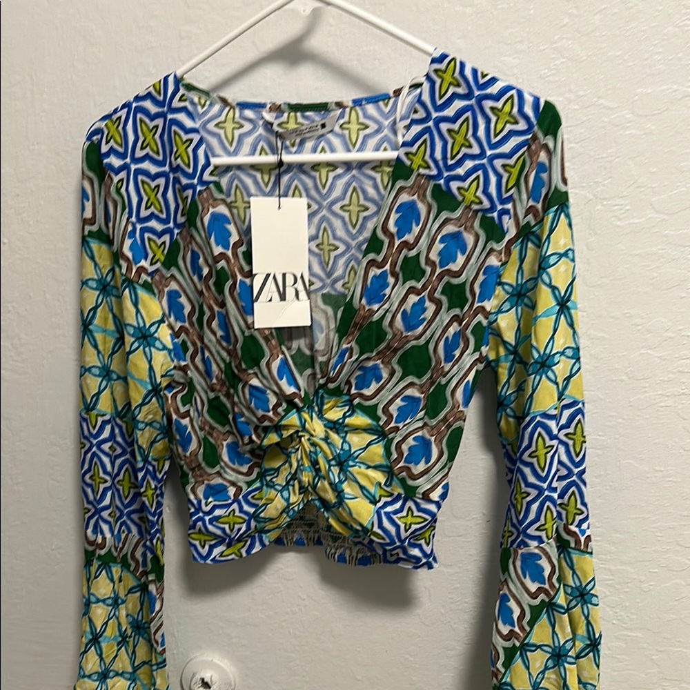Zara Blue and Green Geometric Women's Blouse